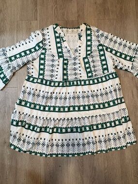 SHEIN White Midi Dress with Green and Black Geometric Print